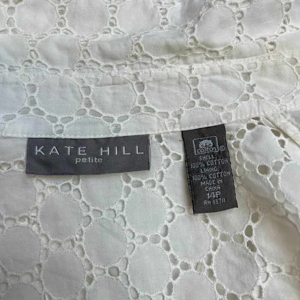 Kate Hill 14P Petite White Eyelet Lined Short Sleeve Button-Front Blouse - Picture 4 of 10